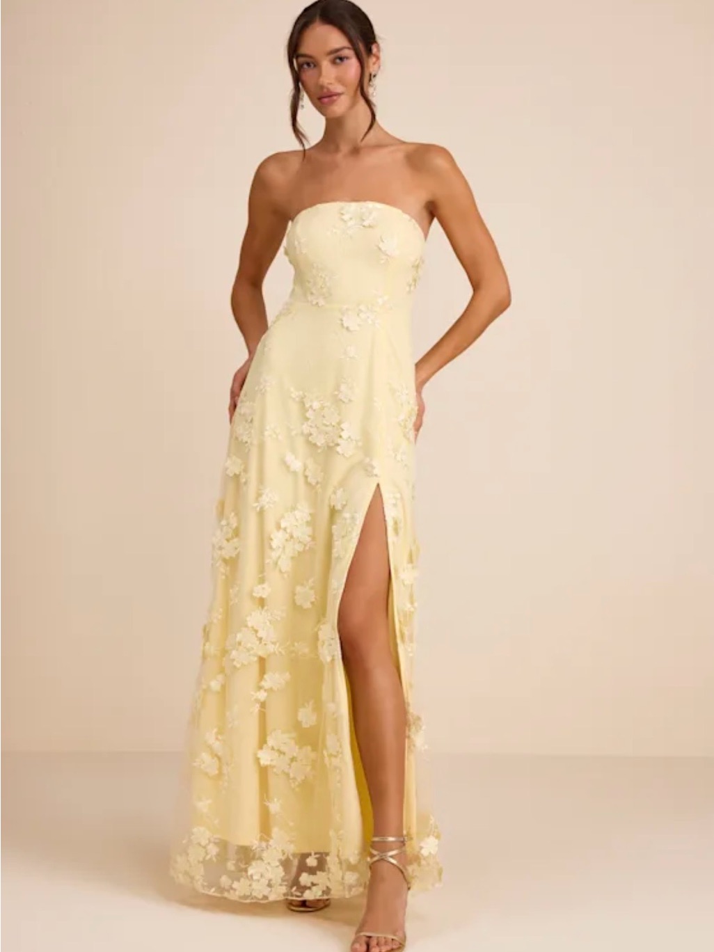 Lulu's Strapless Pale Yellow Floral-Appliqu Gown With Thigh Slit